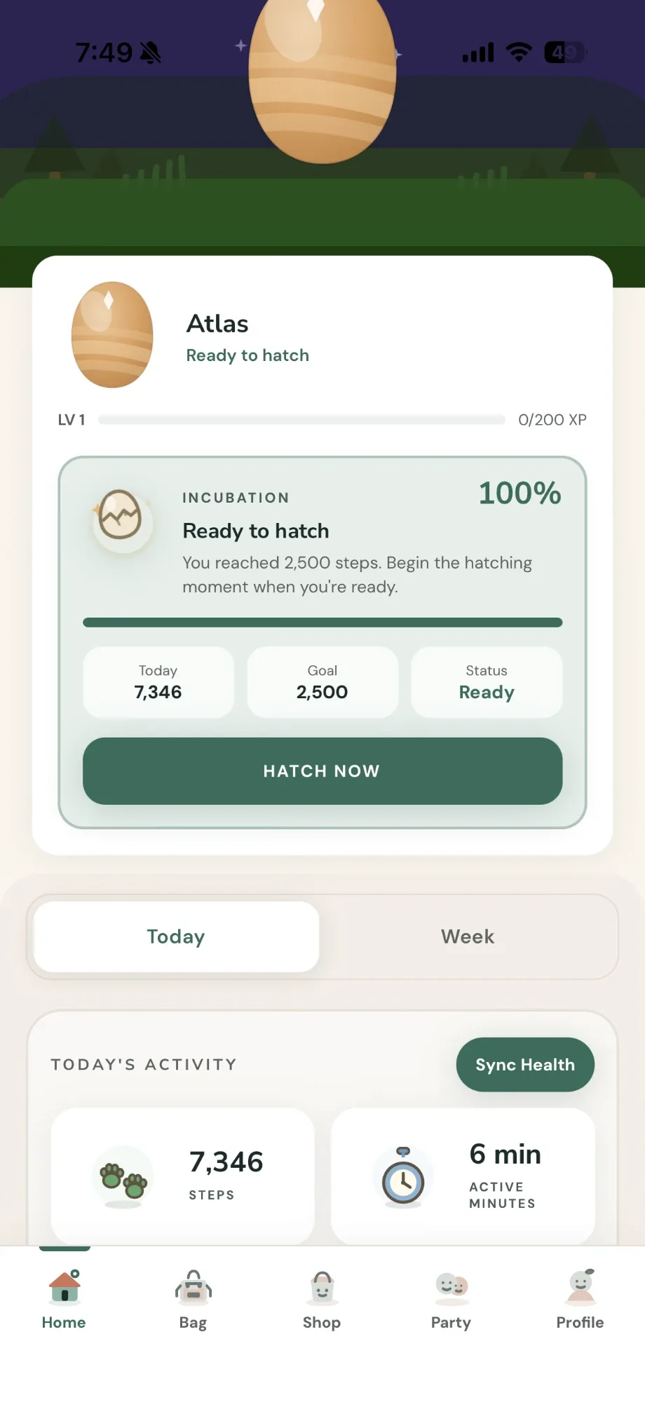 Fitji incubation screen: the egg has reached 100% and is ready to hatch, with a Hatch now button.