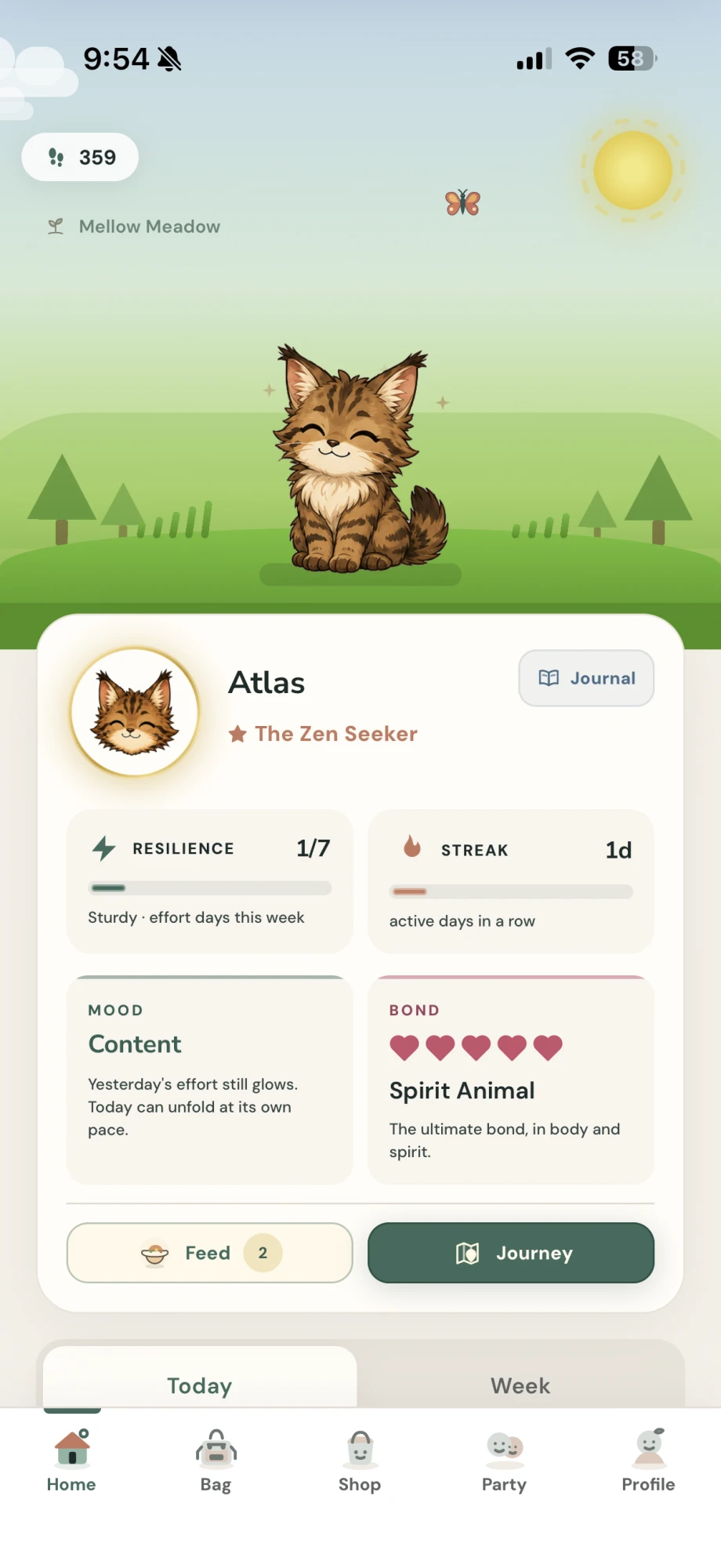 Fitji home screen: the companion Atlas resting in a sunny meadow, with resilience, streak, mood, bond, and a Journey button.