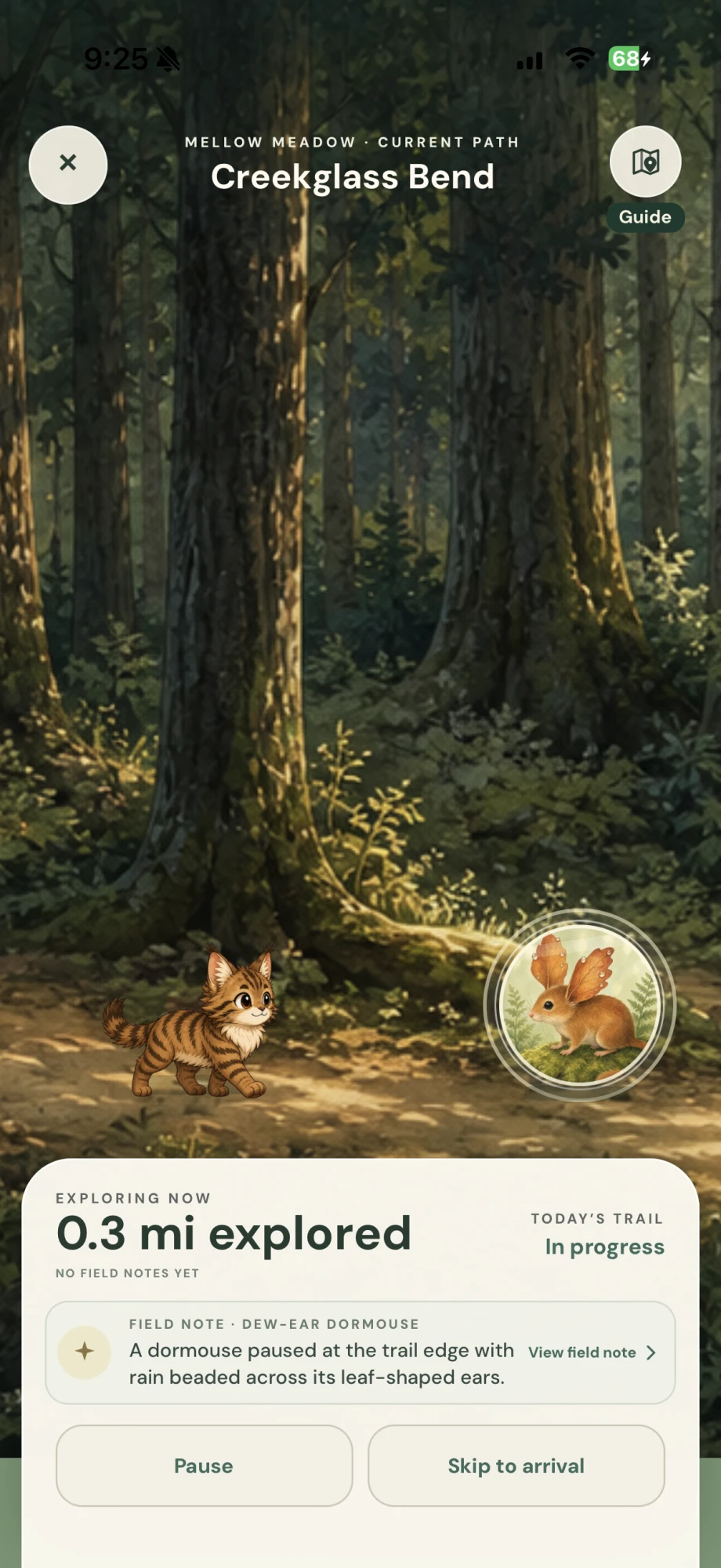 Fitji Journey screen: Atlas explores Creekglass Bend, a lush forest world with creatures and field notes to discover.