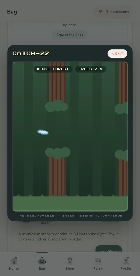 Catch-22, a retro pixel mini-game guiding a disc through a dense forest