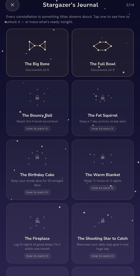 Stargazer's Journal, a screen of constellations to unlock through activity and sleep
